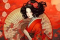 Generative ai. Attractive geisha in black kimono with flowers.