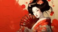 Generative ai. Attractive geisha in black kimono with flowers.