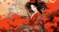 Generative ai. Attractive geisha in black kimono with flowers.