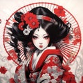 Generative ai. Attractive geisha in black kimono with flowers.