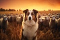 Generative AI Australian Shepherd working as sheepdogs with flock of sheep in a meadow at sunset. Aussie is a smart Royalty Free Stock Photo