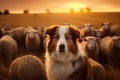 Generative AI Australian Shepherd working as sheepdogs with flock of sheep in a meadow at sunset. Aussie is a smart, beautiful, Royalty Free Stock Photo