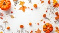 Generative AI Autumn composition Dried leaves pumpkins flowers rowan berries on white background Autumn fall hallo Royalty Free Stock Photo