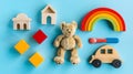 Generative AI Baby kids toy for children with teddy bear wooden rainbow house car organic teether colorful blocks Royalty Free Stock Photo