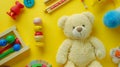 Generative AI Baby kids toy frame background Teddy bear colorful wooden educational musical sensory sorting and st