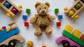 Generative AI Baby kids toys background Teddy bear wooden educational stacking color recognition puzzle toy wooden Royalty Free Stock Photo