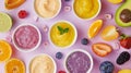 Generative AI Baby puree recipe made of fresh fruits First baby solid food recipe idea Top view flat lay business