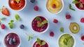 Generative AI Baby puree recipe made of fresh fruits First baby solid food recipe idea Top view flat lay business