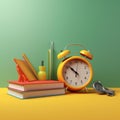 Generative AI. Back to school concept. school supplies and table clock