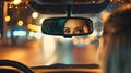 Generative AI Back view of cheerful female driver reflecting in rear view mirror and driving modern automobile in Royalty Free Stock Photo