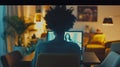 Generative AI Back view of female employee speak talk on video call with diverse multiracial colleagues on online Royalty Free Stock Photo