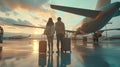 Generative AI Back view of happy family standing near a large plane with two suitcases outdoor. Trip concept busin Royalty Free Stock Photo