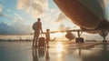 Generative AI Back view of happy family standing near a large plane with two suitcases outdoor. Trip concept busin Royalty Free Stock Photo