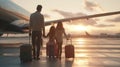 Generative AI Back view of happy family standing near a large plane with two suitcases outdoor. Trip concept busin Royalty Free Stock Photo