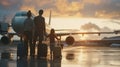 Generative AI Back view of happy family standing near a large plane with two suitcases outdoor. Trip concept busin Royalty Free Stock Photo