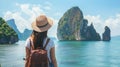 Generative AI Back view of solo traveler woman enjoying Phang Nga bay view point walking and relaxing Tourist at S