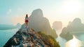 Generative AI Back view of solo traveler woman enjoying Phang Nga bay view point walking and relaxing Tourist at S