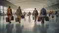 Generative AI, backview of passengers of different ethnic origin on the departure terminal of an airport. Travel theme, luggage. Royalty Free Stock Photo