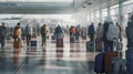 Generative AI, backview of passengers of different ethnic origin on the departure terminal of an airport. Travel theme, luggage. Royalty Free Stock Photo