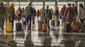 Generative AI, backview of passengers of different ethnic origin on the departure terminal of an airport. Travel theme, luggage. Royalty Free Stock Photo