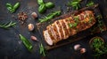 Generative AI Baked pork loin with spices and herbs on vintage wooden cutting board Ready to eat meat slices healt