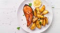 Generative AI baked salmon steak and roasted potatoes on a white plate horizontal view from above flat lay free sp