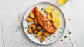 Generative AI baked salmon steak and roasted potatoes on a white plate horizontal view from above flat lay free sp