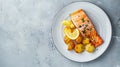 Generative AI baked salmon steak and roasted potatoes on a white plate horizontal view from above flat lay free sp