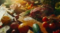 Generative AI balanced diet, cooking, culinary and food concept - close up of vegetables, fruits and meat on woode Royalty Free Stock Photo