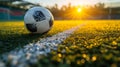 Generative AI ball on the green field in soccer stadium. ready for game in the midfield - soccer ball close-up. bu Royalty Free Stock Photo