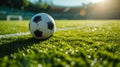 Generative AI ball on the green field in soccer stadium. ready for game in the midfield - soccer ball close-up. bu Royalty Free Stock Photo