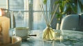 Generative AI Bamboo sticks in bottle with scented candles and cup of tea on marble table closeup Home aroma Aroma