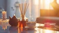 Generative AI Bamboo sticks in bottle with scented candles and cup of tea on marble table closeup Home aroma Aroma