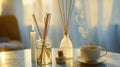 Generative AI Bamboo sticks in bottle with scented candles and cup of tea on marble table closeup Home aroma Aroma