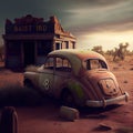 Generative AI:bandoned and rusty car in a desert next to a destroyed bar