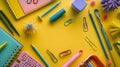 Generative AI Banner Back to school flat lay stationery Various stationery items on a yellow background Paperclips