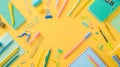 Generative AI Banner Back to school flat lay stationery Various stationery items on a yellow background Paperclips