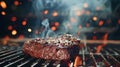 Generative AI Barbecue dry aged wagyu porterhouse beef steak grilled as closeup on a charcoal grill with fire and Royalty Free Stock Photo