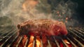 Generative AI Barbecue dry aged wagyu porterhouse beef steak grilled as closeup on a charcoal grill with fire and Royalty Free Stock Photo