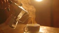 Generative AI Barista pouring coffee from moka pot coffee maker to a coffee cup Hand holding Italian classic moka Royalty Free Stock Photo