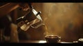 Generative AI Barista pouring coffee from moka pot coffee maker to a coffee cup Hand holding Italian classic moka Royalty Free Stock Photo