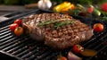 Generative AI BBQ Steak. Barbecue Grilled Beef Steak Meat with Vegetables. Healthy Food. Barbeque Steak Dinner bus Royalty Free Stock Photo