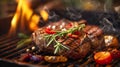 Generative AI BBQ Steak. Barbecue Grilled Beef Steak Meat with Vegetables. Healthy Food. Barbeque Steak Dinner bus Royalty Free Stock Photo