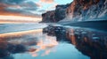 Generative AI Beach side cliffs reflected on the black sand beach during the sunset business concept. Royalty Free Stock Photo