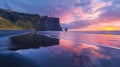 Generative AI Beach side cliffs reflected on the black sand beach during the sunset business concept. Royalty Free Stock Photo