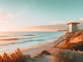 Generative AI Beach Tower and Wooden Boardwalk at Sunrise