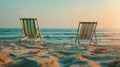 Generative AI Beautiful beach Chairs on the sandy beach near the sea Summer holiday and vacation concept for touri