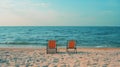 Generative AI Beautiful beach Chairs on the sandy beach near the sea Summer holiday and vacation concept for touri