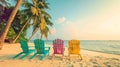 Generative AI Beautiful beach Chairs on the sandy beach near the sea Summer holiday and vacation concept for touri