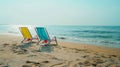 Generative AI Beautiful beach Chairs on the sandy beach near the sea Summer holiday and vacation concept for touri